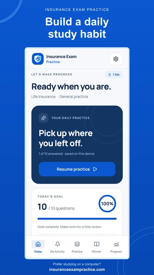 App home screen with the daily goal and a resume button for the current practice test