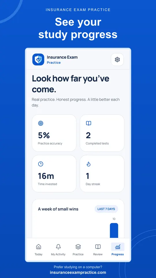 Progress screen with accuracy, completed tests, time invested and a weekly chart